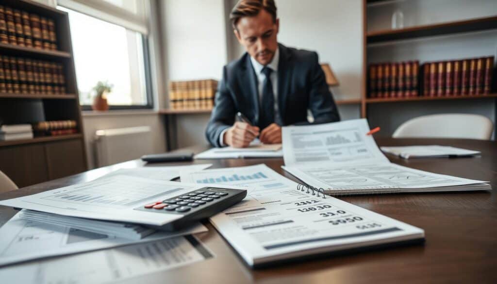 A professional office setting featuring a focused discussion between two individuals, one dressed in business attire, analyzing documents on a sleek desk. The foreground showcases a close-up of paperwork, with clearly visible graphs and figures related to insurance valuations. In the middle, a laptop displays comparison charts of insurance estimates, alongside a calculator and a notepad filled with notes. The background includes shelves neatly lined with law books and a window allowing natural daylight to illuminate the scene, creating a serious yet hopeful atmosphere. The camera angle captures the intensity of the discussion, emphasizing the importance of clarity and decision-making regarding insurance evaluations. A professional office setting featuring a focused discussion between two individuals, one dressed in business attire, analyzing documents on a sleek desk. The foreground showcases a close-up of paperwork, with clearly visible graphs and figures related to insurance valuations. In the middle, a laptop displays comparison charts of insurance estimates, alongside a calculator and a notepad filled with notes. The background includes shelves neatly lined with law books and a window allowing natural daylight to illuminate the scene, creating a serious yet hopeful atmosphere. The camera angle captures the intensity of the discussion, emphasizing the importance of clarity and decision-making regarding insurance evaluations.