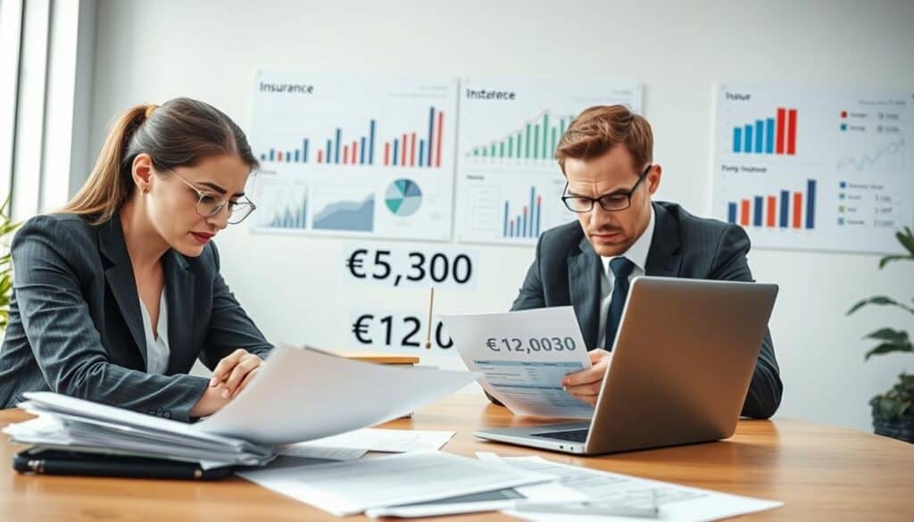 A professional scene illustrating "ubezpieczenie OC" (liability insurance) with a focus on potential issues and controversies. In the foreground, two business professionals, one with a concerned expression and the other scrutinizing documents, are examining insurance quotes on a table. In the middle ground, a laptop displays conflicting numbers, with a prominent comparison of €5,300 and €12,000. The background features an office setting with charts and graphs displayed on a wall, depicting insurance statistics. The lighting is bright and neutral, enhancing clarity, with a slight emphasis on the documents to highlight their importance. The mood should be tense yet focused, reflecting the seriousness of insurance evaluation. The image should remain devoid of any text overlays or branding.