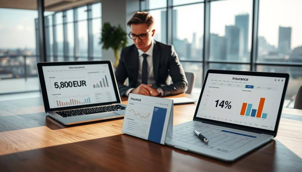 A professional setting showcasing a detailed comparison chart of two insurance valuations, one labeled "6,800 EUR" in a bold font and the other "14,200 EUR" in a contrasting color. In the foreground, a sleek wooden table with a laptop displaying financial graphs and data analysis. In the middle ground, a business professional dressed in smart attire, intently analyzing the comparison data. The background features a well-lit office space with glass walls, giving a panoramic view of a city skyline, creating an atmosphere of professionalism and insight. Soft natural light coming from large windows casts pleasant shadows, enhancing the focus on the comparison elements and evoking a mood of careful evaluation and learning. A professional setting showcasing a detailed comparison chart of two insurance valuations, one labeled "6,800 EUR" in a bold font and the other "14,200 EUR" in a contrasting color. In the foreground, a sleek wooden table with a laptop displaying financial graphs and data analysis. In the middle ground, a business professional dressed in smart attire, intently analyzing the comparison data. The background features a well-lit office space with glass walls, giving a panoramic view of a city skyline, creating an atmosphere of professionalism and insight. Soft natural light coming from large windows casts pleasant shadows, enhancing the focus on the comparison elements and evoking a mood of careful evaluation and learning.