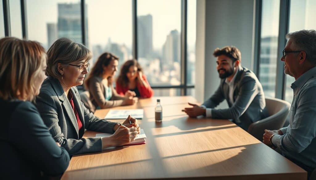 A professional setting showcasing a group of diverse customers sitting around a large table, engaged in a discussion about their insurance experiences. In the foreground, a middle-aged woman in business attire thoughtfully takes notes, while a young man gestures as he shares his opinion. In the background, a large window reveals a cityscape, filling the room with natural light. The overall atmosphere is collaborative and insightful, capturing the essence of customer feedback and reviews. Soft shadows cast across the table add depth, and subtle warm tones enhance the inviting feel of the scene, emphasizing the importance of customer opinions in the insurance industry. The image should be clear and focused, with a comfortable, professional ambiance. A professional setting showcasing a group of diverse customers sitting around a large table, engaged in a discussion about their insurance experiences. In the foreground, a middle-aged woman in business attire thoughtfully takes notes, while a young man gestures as he shares his opinion. In the background, a large window reveals a cityscape, filling the room with natural light. The overall atmosphere is collaborative and insightful, capturing the essence of customer feedback and reviews. Soft shadows cast across the table add depth, and subtle warm tones enhance the inviting feel of the scene, emphasizing the importance of customer opinions in the insurance industry. The image should be clear and focused, with a comfortable, professional ambiance.