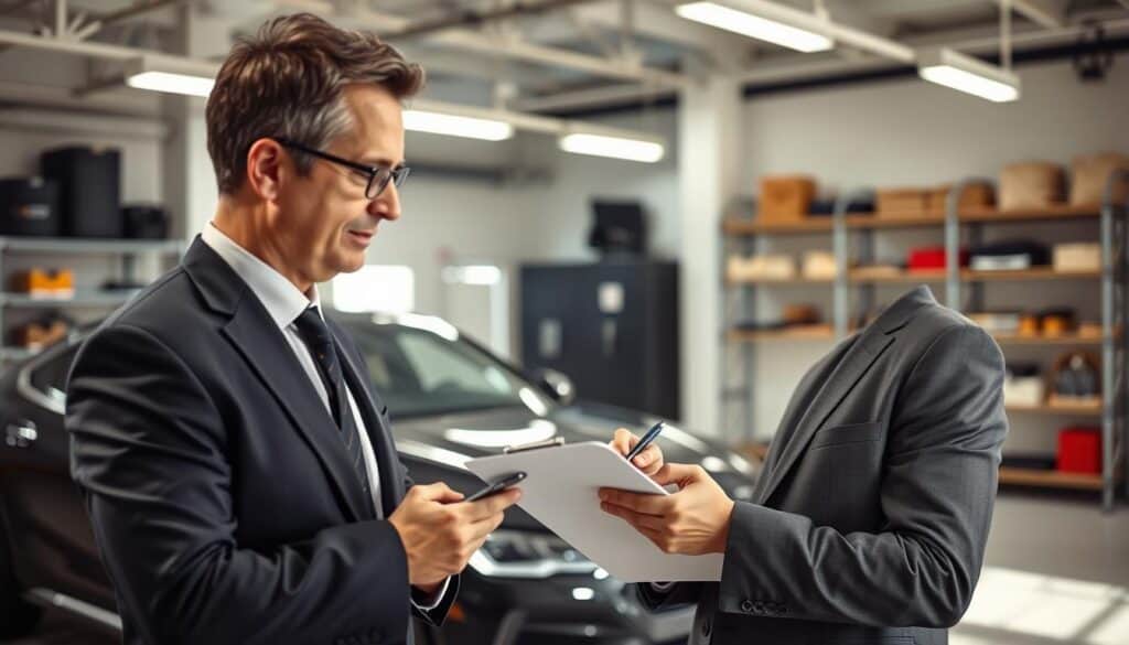 A professional vehicle appraisal scene, capturing an expert in a smart business suit examining a car in a well-lit, contemporary garage. In the foreground, the expert, a middle-aged man with short, dark hair, is holding a clipboard and jotting down notes, showing a focused expression. In the middle ground, a sleek, modern vehicle is prominently displayed, highlighting the intricate details of its exterior. The background features shelves with tools and equipment, softly illuminated by overhead lights. The atmosphere is one of professionalism and meticulous attention to detail, reflecting the serious nature of vehicle assessments. The lighting is bright yet warm, enhancing the sense of credibility and expertise in the appraisal process.