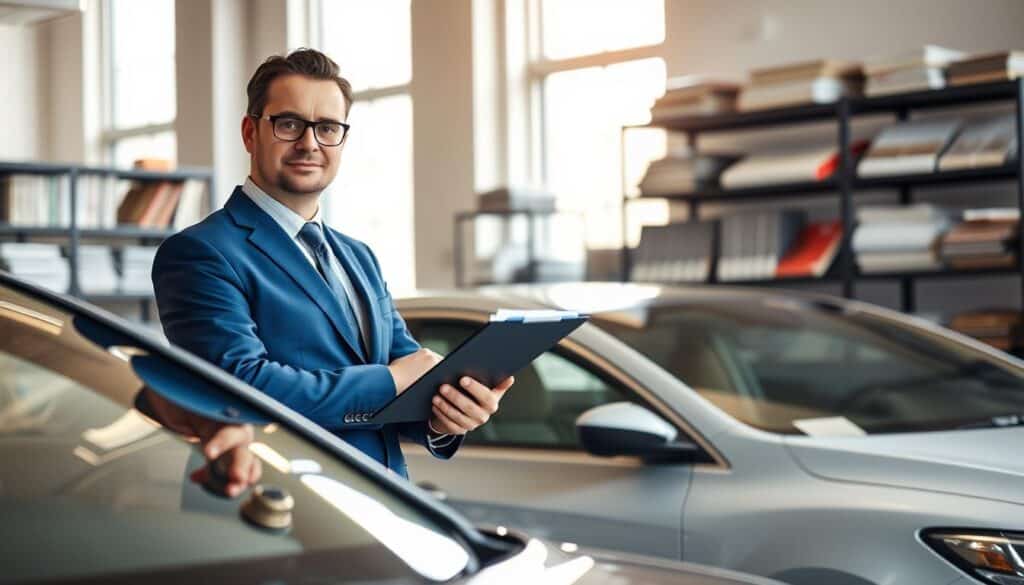 A professional vehicle appraiser, dressed in a smart blue business suit, stands confidently beside a modern car in a well-lit office setting. The appraiser is examining the car with a focused expression, holding a clipboard with notes and a measuring tool in hand. In the background, shelves filled with automotive manuals and appraisal tools emphasize the expertise of the profession. Soft, natural light filters in through large windows, casting a warm glow on the scene. The atmosphere conveys professionalism and trust, highlighting the critical role of appraisers in vehicle valuation. The angle is slightly elevated, offering a clear view of both the appraiser and the vehicle, ensuring a balanced composition that captures the essence of vehicle appraisal. A professional vehicle appraiser, dressed in a smart blue business suit, stands confidently beside a modern car in a well-lit office setting. The appraiser is examining the car with a focused expression, holding a clipboard with notes and a measuring tool in hand. In the background, shelves filled with automotive manuals and appraisal tools emphasize the expertise of the profession. Soft, natural light filters in through large windows, casting a warm glow on the scene. The atmosphere conveys professionalism and trust, highlighting the critical role of appraisers in vehicle valuation. The angle is slightly elevated, offering a clear view of both the appraiser and the vehicle, ensuring a balanced composition that captures the essence of vehicle appraisal.