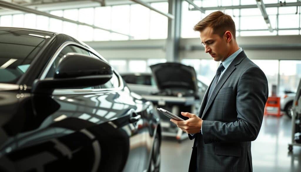 A professional vehicle appraiser, dressed in a smart business suit, is inspecting a luxury car in a well-lit, modern garage. The appraiser is in the foreground, focused intently on the vehicle's details, using a digital tablet to note observations. Bright overhead lighting highlights the sleek contours of the car, casting subtle reflections on its surface. In the middle ground, tools and automotive parts are organized neatly on benches, emphasizing a professional environment. The background features large windows allowing natural light to stream in, with a blurred view of a cityscape outside, creating a sense of purpose and expertise in the automotive field. The overall atmosphere is one of meticulous attention to detail and professionalism, reflecting the high valuation of 11,800 EUR attributed to MOTOEXPERT.