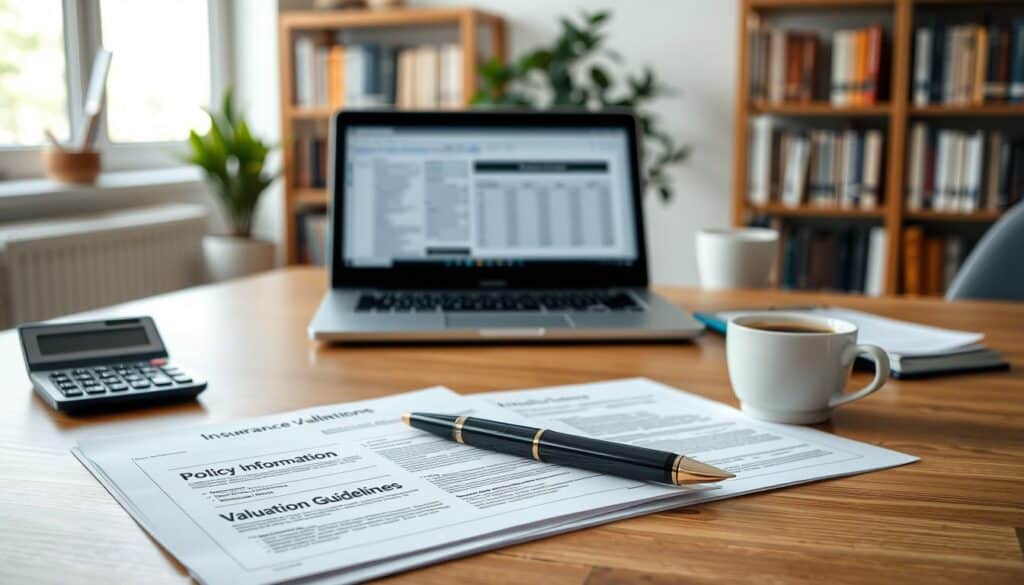 A professional workspace displaying essential documents for insurance valuation on a clean wooden desk. In the foreground, a neatly organized stack of papers with titles such as "Policy Information," "Claim Forms," and "Valuation Guidelines." A sophisticated calculator and a fountain pen rest atop the documents. In the middle ground, an open laptop shows a well-designed spreadsheet, while a cup of coffee adds a personal touch. The background features a soft, blurred office setting with a bookshelf filled with reference books and a potted plant for warmth. The lighting is bright and natural, coming from a window on the left, creating an inviting atmosphere. The image is focused on clarity and professionalism, reflecting the importance of having the right documents for accurate valuation.