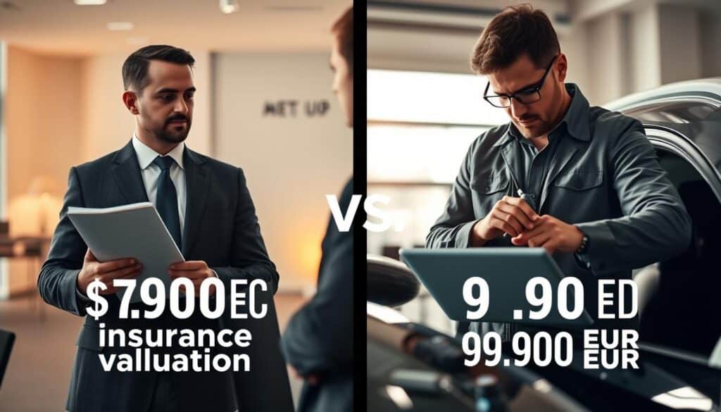 A split image comparing insurance valuation versus expert appraisal. On the left side, a professional insurance adjuster in a smart suit, holding a clipboard and discussing valuation figures with a client, set in a modern office with warm lighting. On the right side, a seasoned vehicle appraiser in business casual attire examining a car with tools and a laptop. The background features graphical representations of invoice numbers (4,700 EUR vs 9,900 EUR) subtly integrated into the environment. The lighting is balanced, with a soft focus creating a professional, serious atmosphere. The overall mood conveys the importance of choosing the right valuation approach, reflecting thoughtful deliberation and expertise. A split image comparing insurance valuation versus expert appraisal. On the left side, a professional insurance adjuster in a smart suit, holding a clipboard and discussing valuation figures with a client, set in a modern office with warm lighting. On the right side, a seasoned vehicle appraiser in business casual attire examining a car with tools and a laptop. The background features graphical representations of invoice numbers (4,700 EUR vs 9,900 EUR) subtly integrated into the environment. The lighting is balanced, with a soft focus creating a professional, serious atmosphere. The overall mood conveys the importance of choosing the right valuation approach, reflecting thoughtful deliberation and expertise.
