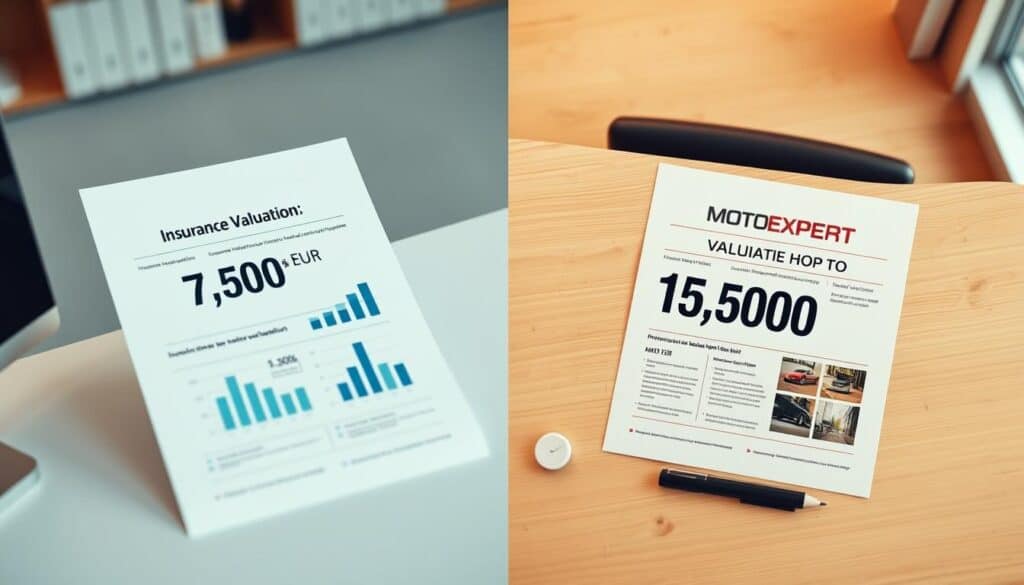 A split image showcasing a comparison of two financial valuations. On the left, depict a professional setting with a clean, modern desk displaying a document labeled "Insurance Valuation: 7,500 EUR" with neat graphs and charts illustrating key data points. On the right, a similar desk featuring a contrasting document labeled "MOTOEXPERT Valuation: 15,000 EUR," with bold, eye-catching visuals and succinct comparisons. The background should be a softly blurred office environment with warm lighting that conveys professionalism. The angle should be slightly above, giving a bird’s-eye view of the documents. The mood should be insightful and analytical, emphasizing the precision and importance of the valuation comparison. A split image showcasing a comparison of two financial valuations. On the left, depict a professional setting with a clean, modern desk displaying a document labeled "Insurance Valuation: 7,500 EUR" with neat graphs and charts illustrating key data points. On the right, a similar desk featuring a contrasting document labeled "MOTOEXPERT Valuation: 15,000 EUR," with bold, eye-catching visuals and succinct comparisons. The background should be a softly blurred office environment with warm lighting that conveys professionalism. The angle should be slightly above, giving a bird’s-eye view of the documents. The mood should be insightful and analytical, emphasizing the precision and importance of the valuation comparison.