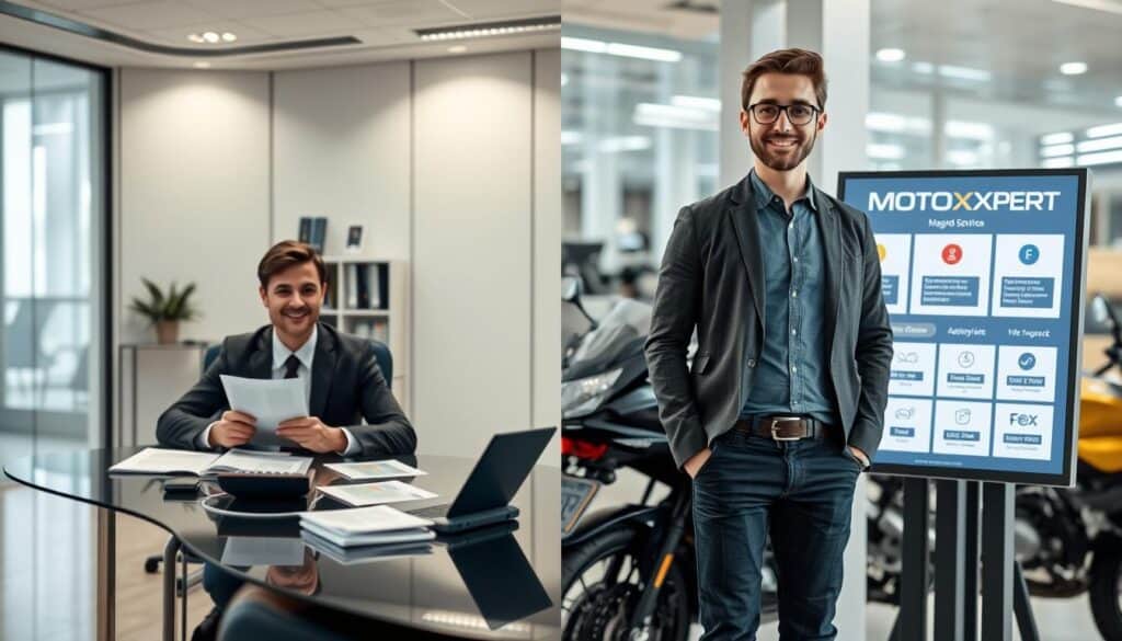 A split-screen comparison of two insurance service providers, showcasing their offerings. On the left, represent a traditional insurance company, with a sleek office interior, displaying a professional sitting at a desk with forms and a calculator, dressed in business attire, surrounded by pamphlets of services. On the right, illustrate MOTOEXPERT in a modern, dynamic setting, featuring a friendly representative in smart casual clothing standing next to a digital display showing motorcycle insurance options. The background should highlight contrasting themes: the left side with a classic, formal atmosphere, and the right side with a vibrant, tech-savvy ambiance. Soft, even lighting throughout enhances professionalism and clarity, focusing on the details of each service. The mood is informative and engaging, ideal for visual analysis. A split-screen comparison of two insurance service providers, showcasing their offerings. On the left, represent a traditional insurance company, with a sleek office interior, displaying a professional sitting at a desk with forms and a calculator, dressed in business attire, surrounded by pamphlets of services. On the right, illustrate MOTOEXPERT in a modern, dynamic setting, featuring a friendly representative in smart casual clothing standing next to a digital display showing motorcycle insurance options. The background should highlight contrasting themes: the left side with a classic, formal atmosphere, and the right side with a vibrant, tech-savvy ambiance. Soft, even lighting throughout enhances professionalism and clarity, focusing on the details of each service. The mood is informative and engaging, ideal for visual analysis.