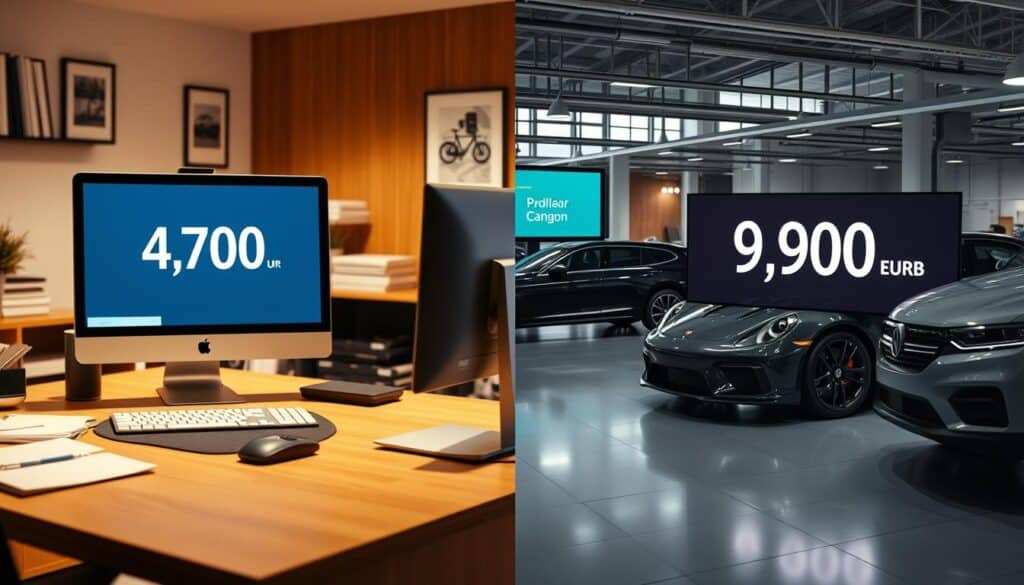 A split-screen image illustrating two vehicle valuation scenarios, capturing the stark differences in pricing. On the left, a professional setting showcasing a vehicle appraisal office, with a neatly organized desk, a computer displaying a valuation of 4,700 EUR. The lighting is warm and inviting, suggesting a trusted and familiar environment. On the right, a contrasting scene in a modern dealership with sleek cars, where a valuation shows 9,900 EUR prominently on a digital screen. The mood conveys analysis and consideration, and a full focus on the vehicles and their respective pricing. The background should feature subtle elements of both environments, enhancing the thematic contrast without overpowering the main visuals.