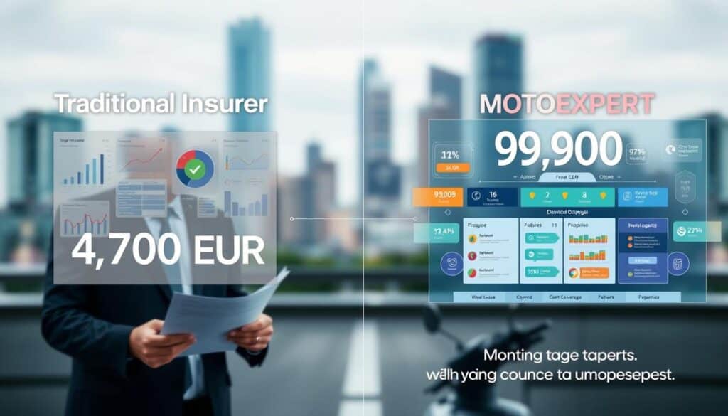 A split-screen image juxtaposing two distinct insurance offers, showcasing "4,700 EUR" from a traditional insurer on the left and "9,900 EUR" from MOTOEXPERT on the right. The foreground features a detailed visual comparison: on the left, a professional in a business suit reviews documents, surrounded by charts representing basic coverage, with a calm, neutral color palette. On the right, a modern, digital interface displays MOTOEXPERT's features, surrounded by vibrant graphics of advanced coverage, emphasizing innovation. The middle layer shows a clear line dividing both sections, symbolizing the key differences in offers. In the background, a blurred cityscape reflects a dynamic, evolving insurance market. Soft, diffused lighting enhances the clarity, with a slight depth of field focusing on the comparison, creating an informative yet engaging atmosphere. A split-screen image juxtaposing two distinct insurance offers, showcasing "4,700 EUR" from a traditional insurer on the left and "9,900 EUR" from MOTOEXPERT on the right. The foreground features a detailed visual comparison: on the left, a professional in a business suit reviews documents, surrounded by charts representing basic coverage, with a calm, neutral color palette. On the right, a modern, digital interface displays MOTOEXPERT's features, surrounded by vibrant graphics of advanced coverage, emphasizing innovation. The middle layer shows a clear line dividing both sections, symbolizing the key differences in offers. In the background, a blurred cityscape reflects a dynamic, evolving insurance market. Soft, diffused lighting enhances the clarity, with a slight depth of field focusing on the comparison, creating an informative yet engaging atmosphere.
