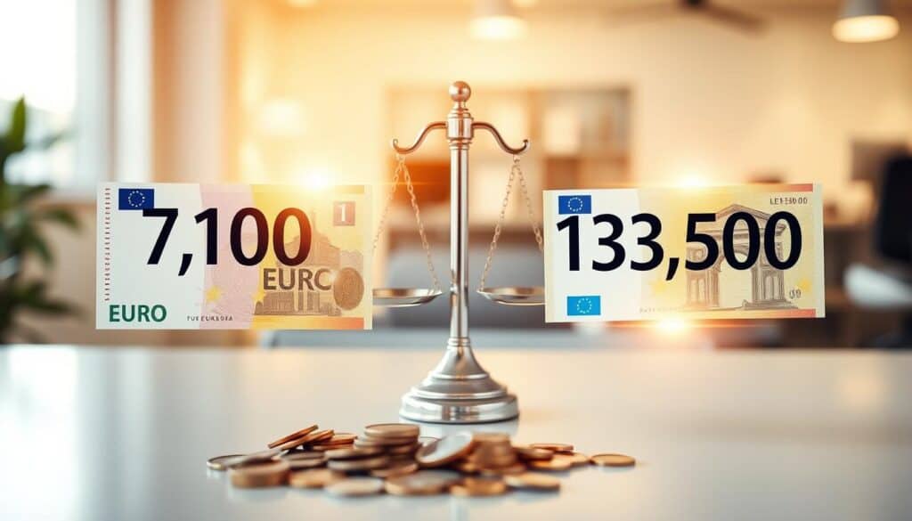 A visually engaging comparison graphic depicting two monetary values: 7,100 EUR and 13,500 EUR. In the foreground, illustrate two large stylized euro banknotes positioned side by side, one with a subtle glow around it to represent the lower amount, and the other with a brighter, more radiant aura for the higher value. The middle ground features abstract scales or balance imagery to symbolize comparison, with coins spilling around the base, suggesting value. The background should be a softly blurred office environment, with warm, natural lighting to create an inviting atmosphere. The scene should evoke a sense of analytical reflection, allowing viewers to intuitively grasp the essence of financial comparison.