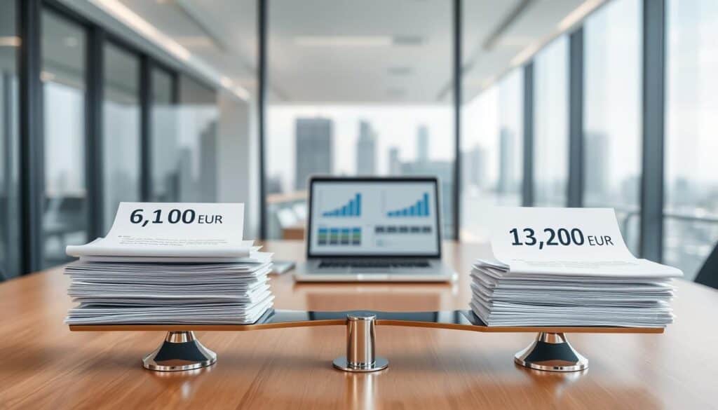 A visually engaging comparison image illustrating the valuation differences between two insurance offers, 6,100 EUR and 13,200 EUR. In the foreground, a clear, modern scale balances two piles of documents, one labeled with "6,100 EUR" and the other "13,200 EUR," each with distinct but subtle design elements indicating their differences. In the middle ground, a sleek office environment features a polished wooden table and a laptop displaying graphs comparing the valuations. In the background, a cityscape can be seen through a large glass window under bright, neutral lighting, creating a professional atmosphere. The lens captures the scene from a slight upward angle, highlighting the importance of the valuation discussion while maintaining a serious, analytical mood. A visually engaging comparison image illustrating the valuation differences between two insurance offers, 6,100 EUR and 13,200 EUR. In the foreground, a clear, modern scale balances two piles of documents, one labeled with "6,100 EUR" and the other "13,200 EUR," each with distinct but subtle design elements indicating their differences. In the middle ground, a sleek office environment features a polished wooden table and a laptop displaying graphs comparing the valuations. In the background, a cityscape can be seen through a large glass window under bright, neutral lighting, creating a professional atmosphere. The lens captures the scene from a slight upward angle, highlighting the importance of the valuation discussion while maintaining a serious, analytical mood.