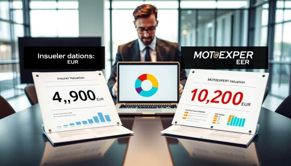 A visually striking comparison image showcasing two separate value propositions. In the foreground, a professional business analyst, dressed in smart attire, is examining two prominently displayed documents on a sleek conference table. On the left, a document titled "Insurer Valuation: 4,900 EUR" features graphs and figures. On the right, another document labeled "MOTOEXPERT Valuation: 10,200 EUR" presents a contrasting analysis with vibrant charts. In the middle, an open laptop displays a pie chart comparing the two values. The background features a modern office environment with large windows letting in soft, natural light, creating a professional yet inviting atmosphere. The mood should evoke clarity and professionalism, emphasizing the importance of accurate valuation assessments in the insurance industry.