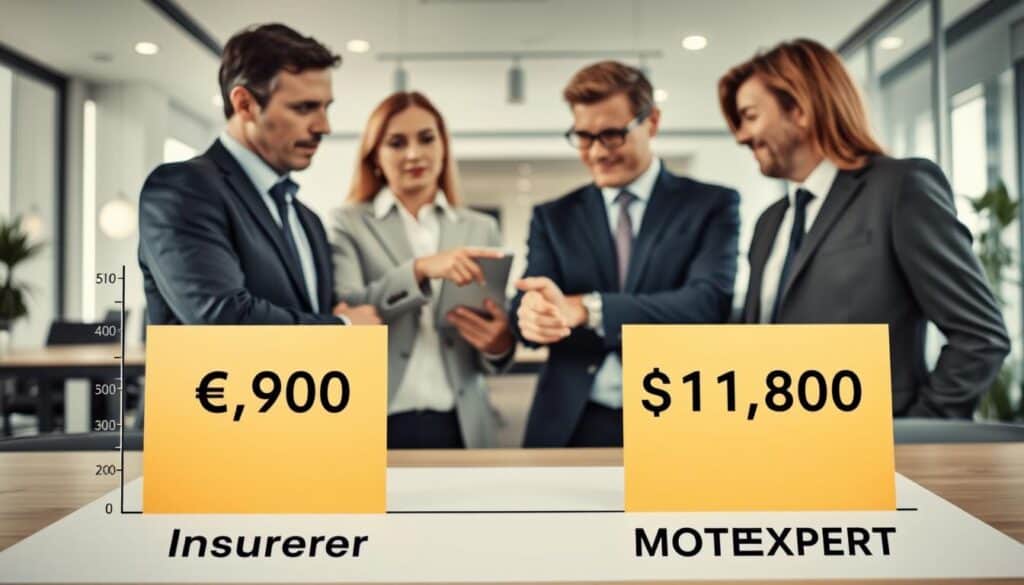 A visually striking comparison of two insurance valuation scenarios. In the foreground, a detailed graph showing two distinct bars labeled "Insurer: €5,900" and "MOTOEXPERT: €11,800," with contrasting colors to highlight the differences. In the middle ground, professionals in business attire engage in a thoughtful discussion, pointing at the graph, with expressions of contemplation and analysis. The background features a modern office environment with soft natural light illuminating the scene, creating a focused and serious atmosphere. Use a wide-angle lens to capture depth, emphasizing the contrast between the two valuation points while maintaining clarity and professionalism throughout the image.