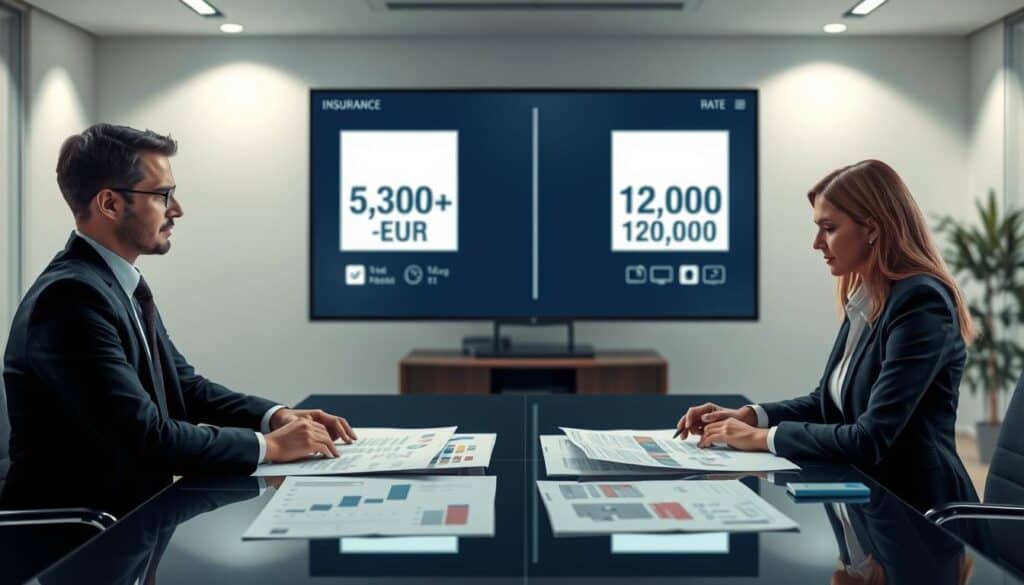 A visually striking illustration of a professional insurance consultation scene, focused on automotive insurance evaluations. In the foreground, two business professionals—one male and one female—analyze detailed charts and documents on a conference table, dressed in formal business attire. The middle layer features a large digital screen displaying contrasting statistics and visuals representing insurance rates, such as 5,300 EUR and 12,000 EUR. The background includes modern office decor with soft lighting, creating an atmosphere of collaboration and analysis. The scene emphasizes a sense of diligence and professionalism, capturing the essence of evaluating insurance options with focus and determination. The overall mood is serious and informative, designed to convey thoughtful recommendations and conclusions in a business context.