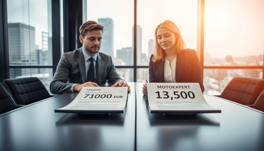 An office setting with two professionals, a male and a female, engaged in a discussion over two distinct documents laid on a sleek conference table. The document on the left shows a valuation of 7,100 EUR from an insurer, while the one on the right displays MOTOEXPERT’s 13,500 EUR valuation, both clearly visible. The background features a modern cityscape through a large window, adding depth to the atmosphere. Natural light filters in, creating a warm and inviting tone. The professionals are dressed in smart business attire, looking focused and analytical. The scene conveys a serious yet collaborative mood, emphasizing key differences in the valuations with a clear visual split between the two documents. An office setting with two professionals, a male and a female, engaged in a discussion over two distinct documents laid on a sleek conference table. The document on the left shows a valuation of 7,100 EUR from an insurer, while the one on the right displays MOTOEXPERT’s 13,500 EUR valuation, both clearly visible. The background features a modern cityscape through a large window, adding depth to the atmosphere. Natural light filters in, creating a warm and inviting tone. The professionals are dressed in smart business attire, looking focused and analytical. The scene conveys a serious yet collaborative mood, emphasizing key differences in the valuations with a clear visual split between the two documents.