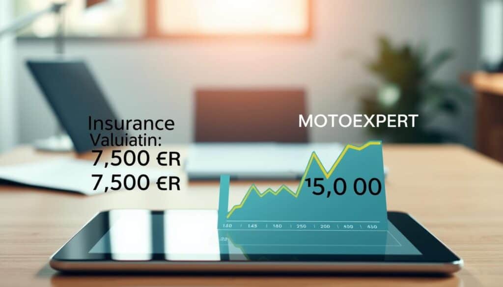A clear and professional comparative analysis illustration featuring two distinct financial valuation objects side by side, one symbolizing "Insurance Valuation: 7,500 EUR" and the other "MOTOEXPERT: 15,000 EUR." In the foreground, place a modern, sleek digital tablet displaying a financial graph, showcasing contrasting price tags. In the middle ground, display a soft focus office environment with a wooden desk and neat paperwork, hinting at analysis and evaluation work. The background shows a blurred window with natural light streaming in, casting a warm glow over the scene. The mood should be analytical yet approachable, emphasizing professionalism and clarity in financial comparisons. A clear and professional comparative analysis illustration featuring two distinct financial valuation objects side by side, one symbolizing "Insurance Valuation: 7,500 EUR" and the other "MOTOEXPERT: 15,000 EUR." In the foreground, place a modern, sleek digital tablet displaying a financial graph, showcasing contrasting price tags. In the middle ground, display a soft focus office environment with a wooden desk and neat paperwork, hinting at analysis and evaluation work. The background shows a blurred window with natural light streaming in, casting a warm glow over the scene. The mood should be analytical yet approachable, emphasizing professionalism and clarity in financial comparisons.