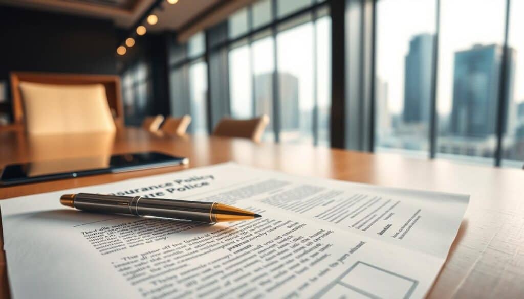 A close-up of a detailed insurance policy document, elegantly laid out on a sleek wooden office desk. The foreground features the policy with distinct headings and fine print, showcasing the key elements of coverage and terms. In the middle, a stylish gold-plated pen rests beside the policy, hinting at decision-making. The background features a modern office with large windows, allowing soft, natural light to illuminate the scene, creating a warm, professional atmosphere. A blurred view of a financial cityscape is visible outside, adding depth to the image. The mood conveys reliability and professionalism, perfect for an article discussing insurance choices and recommendations. A close-up of a detailed insurance policy document, elegantly laid out on a sleek wooden office desk. The foreground features the policy with distinct headings and fine print, showcasing the key elements of coverage and terms. In the middle, a stylish gold-plated pen rests beside the policy, hinting at decision-making. The background features a modern office with large windows, allowing soft, natural light to illuminate the scene, creating a warm, professional atmosphere. A blurred view of a financial cityscape is visible outside, adding depth to the image. The mood conveys reliability and professionalism, perfect for an article discussing insurance choices and recommendations.