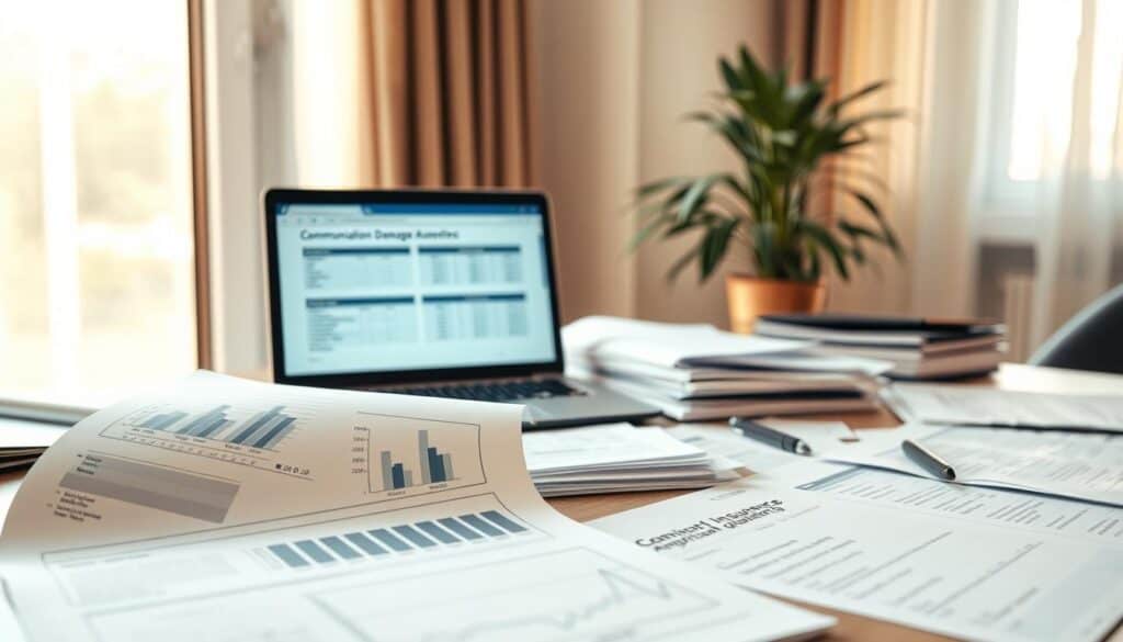 A close-up view of a neatly organized desk with various documents related to communication damage assessment. In the foreground, display a detailed damage report with graphs and numerical evaluations. In the middle, feature an open laptop displaying a claims processing software interface. Various documents, such as insurance claim forms and appraisal guidelines, surround the laptop. In the background, soft natural lighting from a window casts a warm glow, creating a focused yet inviting atmosphere. An elegant plant sits in the corner, adding a touch of professionalism. The scene is composed from a slightly elevated angle to capture the desk's layout clearly, conveying a sense of preparation and professionalism for an insurance evaluation. A close-up view of a neatly organized desk with various documents related to communication damage assessment. In the foreground, display a detailed damage report with graphs and numerical evaluations. In the middle, feature an open laptop displaying a claims processing software interface. Various documents, such as insurance claim forms and appraisal guidelines, surround the laptop. In the background, soft natural lighting from a window casts a warm glow, creating a focused yet inviting atmosphere. An elegant plant sits in the corner, adding a touch of professionalism. The scene is composed from a slightly elevated angle to capture the desk's layout clearly, conveying a sense of preparation and professionalism for an insurance evaluation.