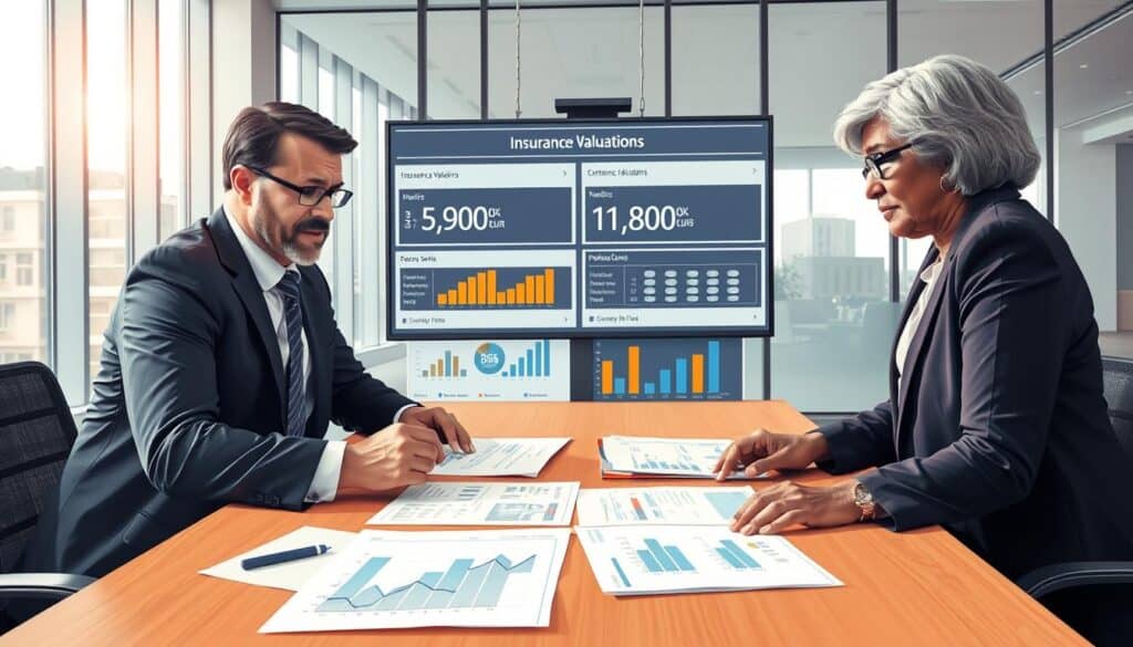A detailed and visually engaging illustration of a financial analysis, featuring a professional business environment. In the foreground, a diverse group of three business professionals: a middle-aged Caucasian man in a suit, a young Hispanic woman in business attire, and an elderly Black woman wearing smart casual clothing, are intently discussing documents spread across a conference table. In the middle ground, charts, and graphs detailing insurance valuations are displayed on a large screen, indicating metrics of "5,900 EUR" and "11,800 EUR" with contrasting colors. The background showcases a modern office with large windows, allowing natural light to flood the room, enhancing the atmosphere of collaborative decision-making. The mood is focused and analytical, reflecting the section title "Summary of Benefits and Risks." The angle emphasizes the interaction and engagement between the professionals without any distracting elements. A detailed and visually engaging illustration of a financial analysis, featuring a professional business environment. In the foreground, a diverse group of three business professionals: a middle-aged Caucasian man in a suit, a young Hispanic woman in business attire, and an elderly Black woman wearing smart casual clothing, are intently discussing documents spread across a conference table. In the middle ground, charts, and graphs detailing insurance valuations are displayed on a large screen, indicating metrics of "5,900 EUR" and "11,800 EUR" with contrasting colors. The background showcases a modern office with large windows, allowing natural light to flood the room, enhancing the atmosphere of collaborative decision-making. The mood is focused and analytical, reflecting the section title "Summary of Benefits and Risks." The angle emphasizes the interaction and engagement between the professionals without any distracting elements.