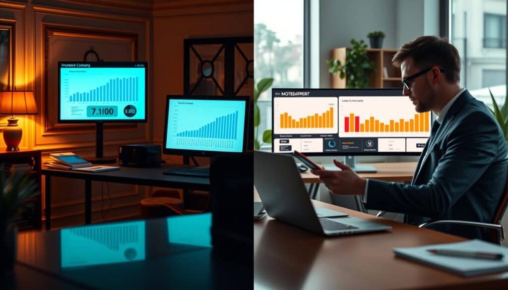 A detailed comparison of two valuation methods featuring a split-screen design. On the left, depict an elegant office setting with a professional in business attire analyzing financial charts on a computer, illuminated by warm, soft lighting. Include graphs showing the valuation of an insurance company at 7,100 EUR, with charts in cool tones like blue and green. On the right, illustrate a contrasting modern workspace where a second professional, also in business attire, examines valuation data for MOTOEXPERT at 13,500 EUR, using vibrant colors like orange and red for charts. The background should blend seamlessly, showing office elements like bookshelves and plants, creating a calm yet focused atmosphere. The angle should be slightly above eye-level to provide a comprehensive view of the scene. A detailed comparison of two valuation methods featuring a split-screen design. On the left, depict an elegant office setting with a professional in business attire analyzing financial charts on a computer, illuminated by warm, soft lighting. Include graphs showing the valuation of an insurance company at 7,100 EUR, with charts in cool tones like blue and green. On the right, illustrate a contrasting modern workspace where a second professional, also in business attire, examines valuation data for MOTOEXPERT at 13,500 EUR, using vibrant colors like orange and red for charts. The background should blend seamlessly, showing office elements like bookshelves and plants, creating a calm yet focused atmosphere. The angle should be slightly above eye-level to provide a comprehensive view of the scene.