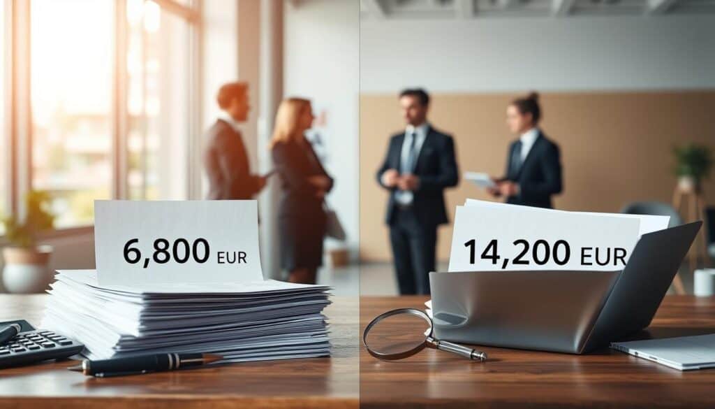 A detailed comparison scene illustrating the concept of "koszt likwidacji szkody" in a professional context. In the foreground, a split screen showcasing two different valuation amounts in a visual and engaging manner — one side featuring a stack of documents labeled 6,800 EUR, neatly arranged with a calculator and a pen, while the other side displays documents for 14,200 EUR, surrounded by visual elements like a magnifying glass and a modern laptop. In the middle, a blurred office environment with professional business people discussing cases, dressed in smart attire, adding a sense of collaboration. The background features a large window with soft natural light streaming in, creating a warm and inviting atmosphere. The overall mood is analytical and focused, emphasizing the contrast between the two valuations.