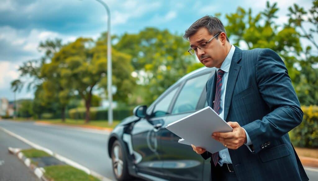 A detailed depiction of a professional insurance assessment scene focusing on "damage valuation." In the foreground, a business person in smart attire examines a damaged vehicle, holding a clipboard and a pen, with a look of concentration. In the middle, the vehicle shows clear signs of damage (dents, scratches), parked on a well-maintained roadside. Surrounding the scene, a bright and slightly overcast sky creates a balanced lighting atmosphere, highlighting the subject. The background features lush green trees and a hint of an urban landscape, hinting at a bustling environment. The mood is analytical and focused, capturing the essence of a serious assessment process. A detailed depiction of a professional insurance assessment scene focusing on "damage valuation." In the foreground, a business person in smart attire examines a damaged vehicle, holding a clipboard and a pen, with a look of concentration. In the middle, the vehicle shows clear signs of damage (dents, scratches), parked on a well-maintained roadside. Surrounding the scene, a bright and slightly overcast sky creates a balanced lighting atmosphere, highlighting the subject. The background features lush green trees and a hint of an urban landscape, hinting at a bustling environment. The mood is analytical and focused, capturing the essence of a serious assessment process.