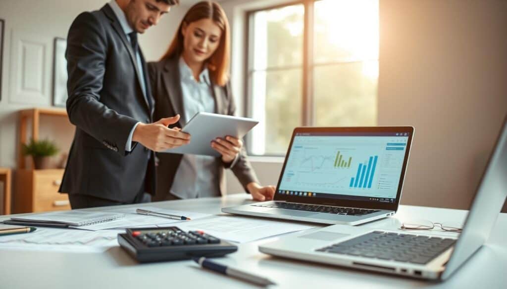 A detailed illustration of an insurance valuation process, showcasing a step-by-step workflow. In the foreground, a professional business environment featuring two individuals, one dressed in a formal suit and the other in smart casual attire, collaborating over a digital tablet, analyzing financial graphs and charts. In the middle ground, an organized desk with documents, a calculator, and a laptop displaying valuation software, emphasizing accuracy and precision. In the background, a large window with soft, natural light streaming in, providing a bright atmosphere. The overall mood should be one of professionalism and focus, conveying the importance of thorough evaluations in financial decisions. Use a shallow depth of field to highlight the foreground activity.
