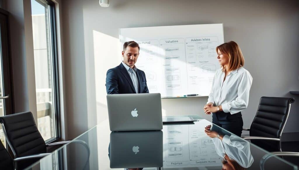 A modern, professional office setting where a well-dressed male and female automotive expert are gathered around a sleek glass table with a laptop open in front of them. The male expert has short, neatly styled hair, wearing a tailored navy suit, while the female expert has shoulder-length hair, dressed in a smart white blouse and dark slacks. In the background, a large whiteboard displays detailed charts and diagrams of vehicle valuation processes. Natural light floods the room through large windows, creating a bright and inviting atmosphere. The scene conveys a sense of authority and expertise in vehicle appraisal services, focusing on the dynamic discussion highlighting the added value of specialized automotive consulting. The camera angle captures the action from a slightly elevated position. A modern, professional office setting where a well-dressed male and female automotive expert are gathered around a sleek glass table with a laptop open in front of them. The male expert has short, neatly styled hair, wearing a tailored navy suit, while the female expert has shoulder-length hair, dressed in a smart white blouse and dark slacks. In the background, a large whiteboard displays detailed charts and diagrams of vehicle valuation processes. Natural light floods the room through large windows, creating a bright and inviting atmosphere. The scene conveys a sense of authority and expertise in vehicle appraisal services, focusing on the dynamic discussion highlighting the added value of specialized automotive consulting. The camera angle captures the action from a slightly elevated position.