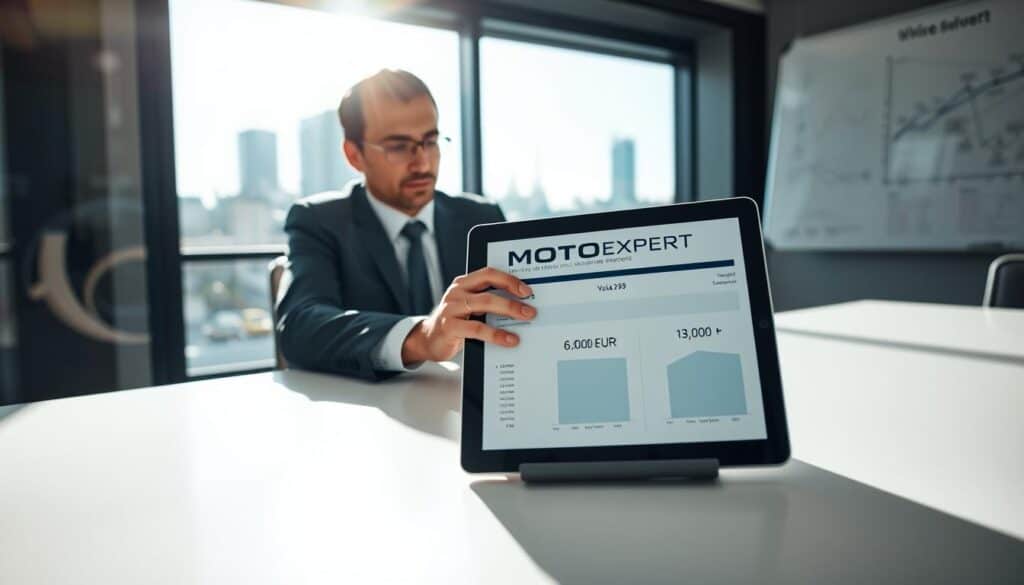 A modern, well-lit office setting where a professional businessperson, wearing a neat suit, is intently analyzing a detailed vehicle valuation report labeled "MOTOEXPERT" on a sleek desk. In the foreground, a high-quality tablet displays a comparative chart showcasing two valuation amounts: "6,100 EUR" and "13,200 EUR." The middle ground features a large window with natural light streaming in, revealing a cityscape. The background includes a whiteboard with diagrams and statistics, emphasizing analytical work. Soft shadows enhance the depth of the scene, creating a focused and serious atmosphere suitable for business discussions and valuations. The image conveys expertise and professionalism in the field of vehicle assessment.