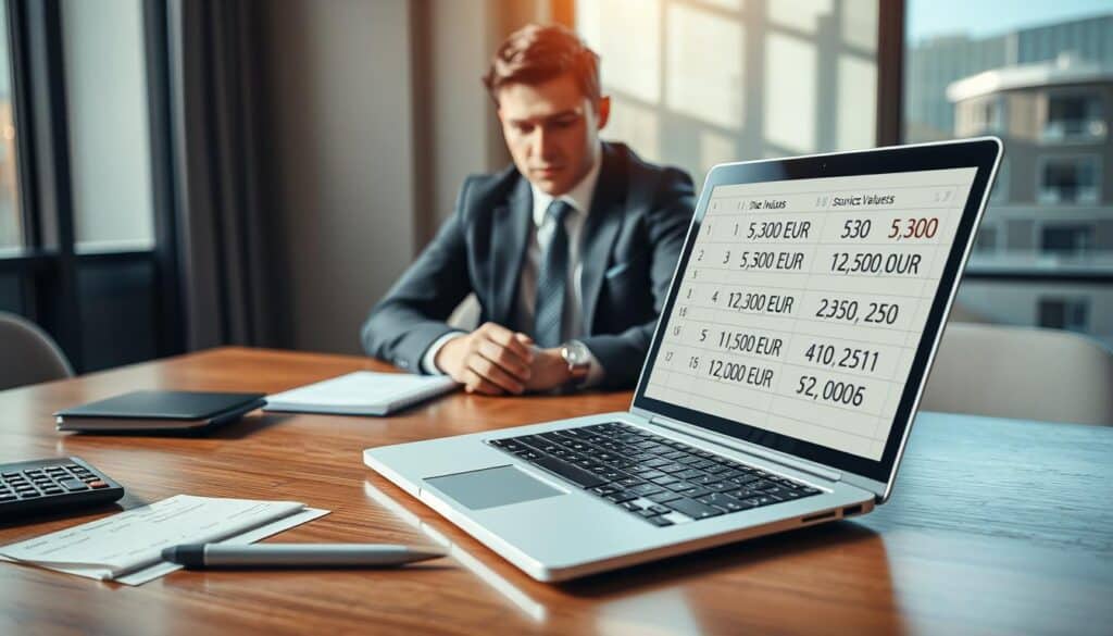 A professional and detailed analysis scene in an office setting, focusing on two contrasting financial figures: 5,300 EUR and 12,000 EUR. In the foreground, a polished wooden desk displays an elegant laptop, open to a spreadsheet comparing these amounts. Beside the laptop, a calculator, a notepad filled with notes, and a pen create a workspace atmosphere. In the middle, a business person dressed in a smart suit, looking intently at the screen, embodies a sense of focus and determination. The background features a large window with soft, natural light streaming in, casting gentle shadows. The mood is analytical and professional, evoking a sense of critical evaluation and decision-making regarding insurance valuations. The angle captures both the desk and the individual, emphasizing the analysis process. A professional and detailed analysis scene in an office setting, focusing on two contrasting financial figures: 5,300 EUR and 12,000 EUR. In the foreground, a polished wooden desk displays an elegant laptop, open to a spreadsheet comparing these amounts. Beside the laptop, a calculator, a notepad filled with notes, and a pen create a workspace atmosphere. In the middle, a business person dressed in a smart suit, looking intently at the screen, embodies a sense of focus and determination. The background features a large window with soft, natural light streaming in, casting gentle shadows. The mood is analytical and professional, evoking a sense of critical evaluation and decision-making regarding insurance valuations. The angle captures both the desk and the individual, emphasizing the analysis process.