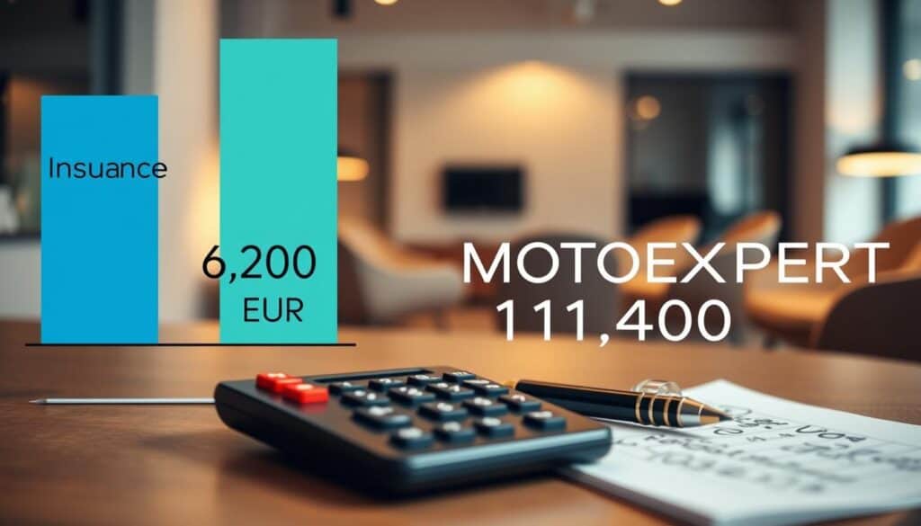 A professional and visually engaging infographic depicting a financial comparison. In the foreground, two large, distinct labeled bar graphs: one in blue representing 'Insurance Valuation 6,200 EUR' and another in green for 'MOTOEXPERT 11,400 EUR'. Each bar should be clearly marked with numeric values. In the middle ground, a stylish calculator and a notepad with handwritten notes emphasize analysis, symbolizing financial evaluation. The background features a blurred office setting with sleek furniture and a warm ambient light casting soft shadows, creating a focused atmosphere. The overall mood is analytical and serious, suitable for a financial discussion. The angle is slightly elevated to capture all elements harmoniously, with a shallow depth of field to keep the focus on the graphs and financial tools. A professional and visually engaging infographic depicting a financial comparison. In the foreground, two large, distinct labeled bar graphs: one in blue representing 'Insurance Valuation 6,200 EUR' and another in green for 'MOTOEXPERT 11,400 EUR'. Each bar should be clearly marked with numeric values. In the middle ground, a stylish calculator and a notepad with handwritten notes emphasize analysis, symbolizing financial evaluation. The background features a blurred office setting with sleek furniture and a warm ambient light casting soft shadows, creating a focused atmosphere. The overall mood is analytical and serious, suitable for a financial discussion. The angle is slightly elevated to capture all elements harmoniously, with a shallow depth of field to keep the focus on the graphs and financial tools.