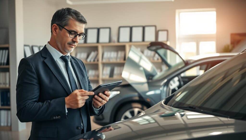 A professional assessor, known as a 'rzeczoznawca', meticulously evaluates a car in a well-lit office environment. The foreground features the assessor, a middle-aged man wearing a sharp, tailored suit, using a tablet to take notes, showcasing his expertise. In the middle ground, a sleek, modern vehicle is parked, doors open, revealing its interior, while the assessor carefully inspects the bodywork, highlighting his attention to detail. The background includes office shelves filled with documents and award certificates, signifying the importance of accurate assessments in insurance. Soft, natural lighting filters through a window, casting a warm glow on the scene, creating an atmosphere of professionalism and trustworthiness. The angle is slightly elevated, allowing for a comprehensive view of the assessor's focused expression and the vehicle under scrutiny. A professional assessor, known as a 'rzeczoznawca', meticulously evaluates a car in a well-lit office environment. The foreground features the assessor, a middle-aged man wearing a sharp, tailored suit, using a tablet to take notes, showcasing his expertise. In the middle ground, a sleek, modern vehicle is parked, doors open, revealing its interior, while the assessor carefully inspects the bodywork, highlighting his attention to detail. The background includes office shelves filled with documents and award certificates, signifying the importance of accurate assessments in insurance. Soft, natural lighting filters through a window, casting a warm glow on the scene, creating an atmosphere of professionalism and trustworthiness. The angle is slightly elevated, allowing for a comprehensive view of the assessor's focused expression and the vehicle under scrutiny.