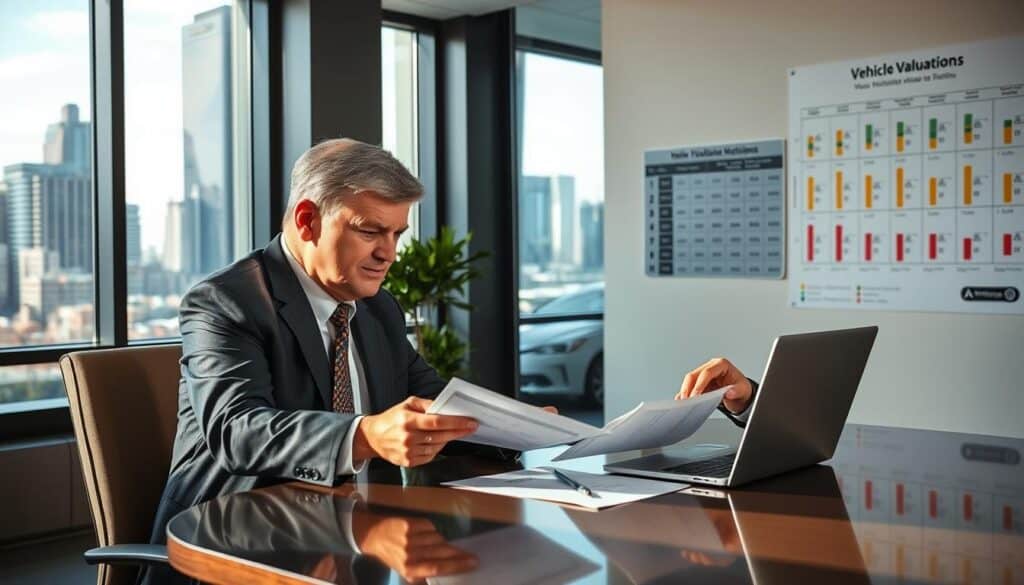 A professional automotive appraiser analyzing vehicle valuations in a modern office setting. In the foreground, a middle-aged man dressed in a sharp business suit is intently examining car documentation on a sleek, polished desk with a laptop open beside him. The background features a large window showcasing a cityscape, allowing natural light to pour in, creating an inviting and focused atmosphere. On the wall, a detailed chart of vehicle valuation metrics can be subtly included, enhancing the context without overwhelming the scene. The image should exude professionalism and expertise, with soft shadows and warm tones to create a sense of trustworthiness and reliability in automotive appraisals.