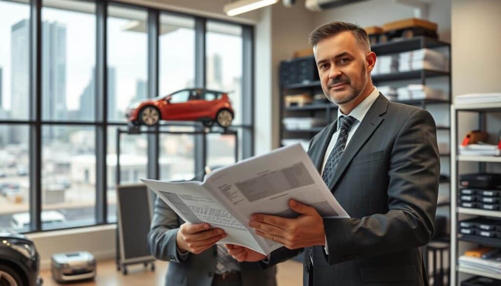A professional automotive appraiser stands confidently in a modern office setting, reviewing detailed vehicle inspection reports. The appraiser, a middle-aged man dressed in smart business attire, is holding a clipboard with a focused expression. In the background, a sleek, well-lit workspace features a large window showcasing a busy cityscape and shelves filled with automotive manuals and tools. The lighting is bright and inviting, conveying a sense of expertise and professionalism. The composition should be framed from a mid-range angle, highlighting both the appraiser and the organized office environment to emphasize the accuracy and diligence of vehicle valuation. The overall mood is serious and analytical, reflecting the importance of expert assessments in automotive insurance evaluations.