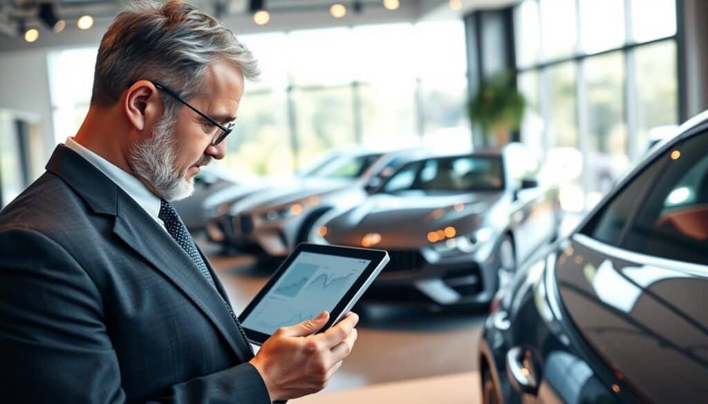 A professional automotive appraiser, wearing a smart business suit, stands confidently beside a luxury car in a sophisticated office environment. The foreground showcases a close-up of the appraiser examining the vehicle with a tablet displaying detailed analytics, highlighting the technical aspects of the vehicle's value. In the middle ground, gleaming car models are meticulously arranged, representing high value and quality. The background features a sleek, modern office with a large window allowing natural light to flood in, creating a bright and inviting atmosphere. Emphasize a warm and professional mood, with soft lighting to enhance the details of the appraiser's focused expression. Use a lens that captures a depth of field, ensuring the emphasis is on the appraiser and the vehicle, while subtly blurring the background elements.