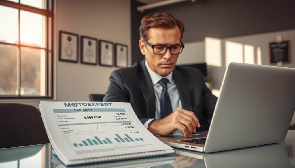A professional automotive expert, depicted in a modern office environment, analyzing a detailed vehicle evaluation report. The expert is wearing smart business attire, ideally a suit and tie, and is seated at a sleek desk with a laptop open, meticulously reviewing the MOTOEXPERT valuation of 9,900 EUR. The foreground features a close-up of the valuation report with graphs and numbers visible, emphasizing the intricate details of the assessment. In the background, there is a large window with natural light streaming in, casting a warm glow across the room, and automotive diplomas or certifications hanging on the wall, adding professionalism to the atmosphere. The overall mood is serious and analytical, conveying the importance of investment in accurate vehicle appraisals.
