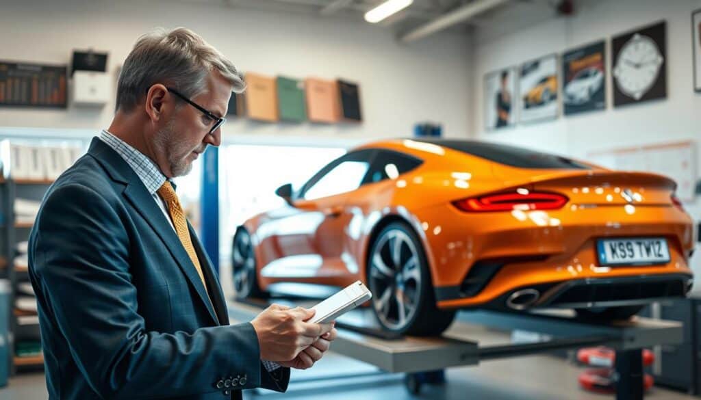 A professional automotive expert evaluating a car in a well-lit office setting, with a focus on detailed inspection. In the foreground, the expert, a middle-aged man in a smart business suit, is examining a vehicle raised on a hydraulic lift, using a digital tablet to take notes. The middle section features the sleek car with a striking color, showcasing its shiny exterior and intricate details. The background includes shelves filled with automotive tools, manuals, and charts indicating vehicle valuations, creating a professional atmosphere. The lighting is bright yet soft, accentuating the focus on the expert and the vehicle, lending an air of authority and precision to the scene. A professional automotive expert evaluating a car in a well-lit office setting, with a focus on detailed inspection. In the foreground, the expert, a middle-aged man in a smart business suit, is examining a vehicle raised on a hydraulic lift, using a digital tablet to take notes. The middle section features the sleek car with a striking color, showcasing its shiny exterior and intricate details. The background includes shelves filled with automotive tools, manuals, and charts indicating vehicle valuations, creating a professional atmosphere. The lighting is bright yet soft, accentuating the focus on the expert and the vehicle, lending an air of authority and precision to the scene.