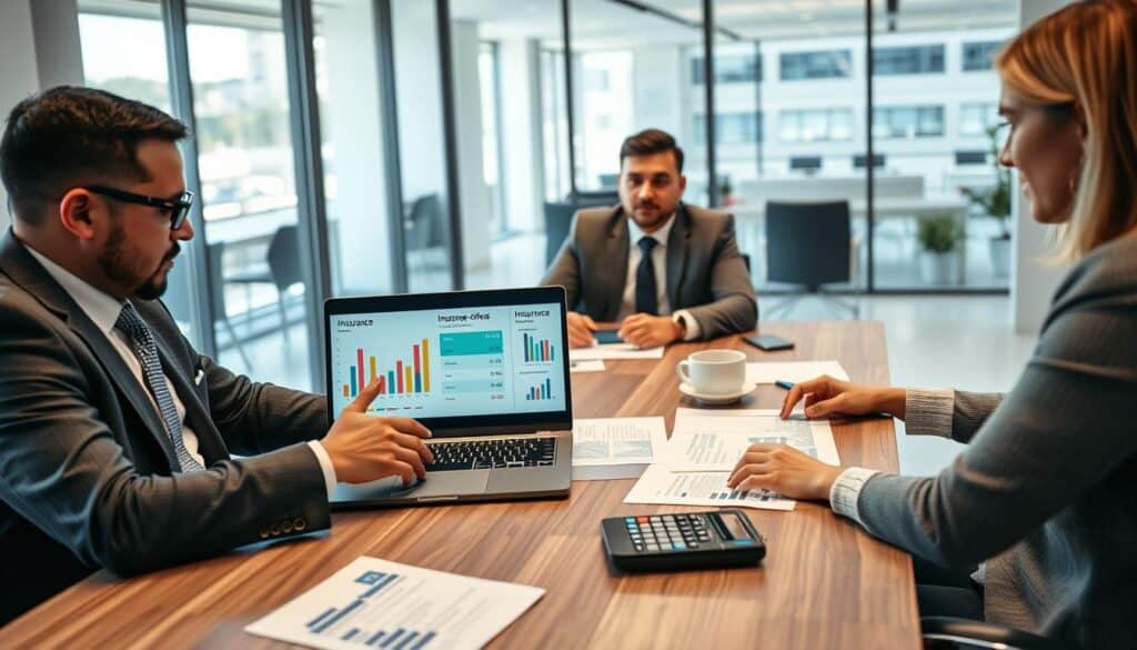 A professional business meeting scene, focusing on a diverse group of three people seated around a modern conference table, analyzing insurance offers. In the foreground, a man in a tailored suit gestures toward a laptop displaying comparative charts and data, showcasing two insurance options side by side. The middle ground features documents and graphs laid out on the table, with a calculator and coffee cups, creating an engaged atmosphere. The background shows a bright, well-lit office with large windows, allowing natural light to flood in, providing a welcoming and productive environment. The mood is one of collaboration and critical analysis, reflecting professionalism and determination. A professional business meeting scene, focusing on a diverse group of three people seated around a modern conference table, analyzing insurance offers. In the foreground, a man in a tailored suit gestures toward a laptop displaying comparative charts and data, showcasing two insurance options side by side. The middle ground features documents and graphs laid out on the table, with a calculator and coffee cups, creating an engaged atmosphere. The background shows a bright, well-lit office with large windows, allowing natural light to flood in, providing a welcoming and productive environment. The mood is one of collaboration and critical analysis, reflecting professionalism and determination.