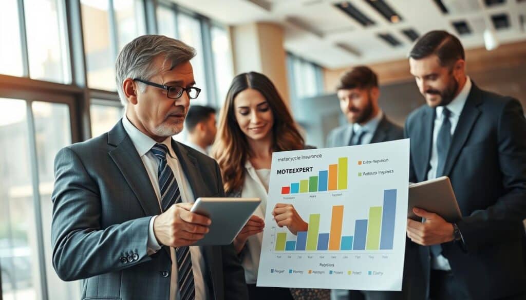 A professional business setting depicting a diverse group of clients engaged in a discussion about motorcycle insurance options. In the foreground, a middle-aged man wearing a tailored suit is pointing to a chart showing the MOTOEXPERT reputation, which is visually represented by a rising bar. Beside him, a woman in smart casual attire is taking notes on a tablet, her expression thoughtful and engaged. The background features an elegant office space with large windows allowing natural light to filter in, casting a warm glow. The atmosphere is focused and collaborative, highlighting the importance of customer opinions and trust in insurance decisions. The scene captures a moment of decision-making, emphasizing professionalism and clarity.