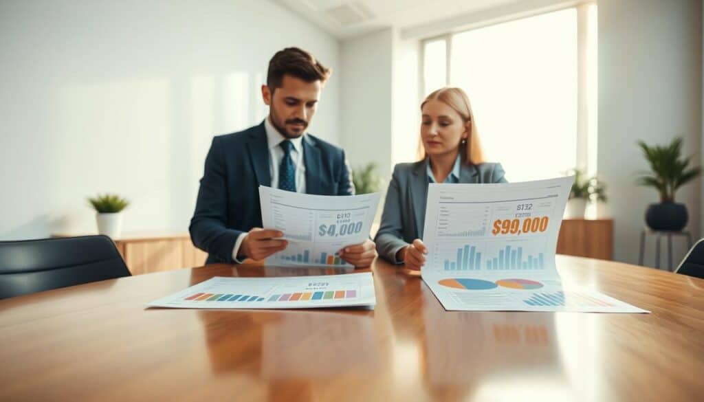 A professional business setting depicting a financial analyst and an insurance representative engaged in a discussion over two contrasting valuation reports. In the foreground, a polished wooden conference table is layered with colorful graphs and charts highlighting two values: €4,700 and €9,900. The middle ground features the two professionals; the analyst wears a smart suit, while the insurance representative is dressed in business casual attire, both looking thoughtfully at the reports. In the background, a large window allows soft, natural light to flood the room, casting a warm, inviting glow. The atmosphere is serious yet optimistic, embodying the theme of investment and valuation. The focus is sharp on the subjects and documents, with a shallow depth of field to softly blur the office background. A professional business setting depicting a financial analyst and an insurance representative engaged in a discussion over two contrasting valuation reports. In the foreground, a polished wooden conference table is layered with colorful graphs and charts highlighting two values: €4,700 and €9,900. The middle ground features the two professionals; the analyst wears a smart suit, while the insurance representative is dressed in business casual attire, both looking thoughtfully at the reports. In the background, a large window allows soft, natural light to flood the room, casting a warm, inviting glow. The atmosphere is serious yet optimistic, embodying the theme of investment and valuation. The focus is sharp on the subjects and documents, with a shallow depth of field to softly blur the office background.