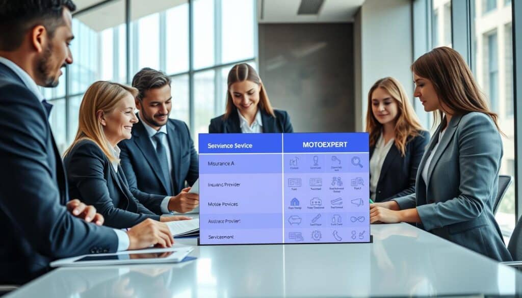 A professional business setting featuring two distinct groups engaged in a service comparison. In the foreground, a diverse group of four business professionals—two men and two women—are gathered around a modern conference table, analyzing service catalogs and documents. They are dressed in formal attire, displaying focused expressions as they discuss. In the middle ground, a digital display shows a vivid comparison chart with two categories: one representing "Insurance Provider A" and the other "MOTOEXPERT," filled with icons symbolizing services offered. The background has a sleek office environment with large windows allowing sunlight to filter in, creating a bright and optimistic atmosphere. The overall mood is analytical and collaborative, highlighting the detailed comparison of service offerings in a clear and engaging manner. A professional business setting featuring two distinct groups engaged in a service comparison. In the foreground, a diverse group of four business professionals—two men and two women—are gathered around a modern conference table, analyzing service catalogs and documents. They are dressed in formal attire, displaying focused expressions as they discuss. In the middle ground, a digital display shows a vivid comparison chart with two categories: one representing "Insurance Provider A" and the other "MOTOEXPERT," filled with icons symbolizing services offered. The background has a sleek office environment with large windows allowing sunlight to filter in, creating a bright and optimistic atmosphere. The overall mood is analytical and collaborative, highlighting the detailed comparison of service offerings in a clear and engaging manner.