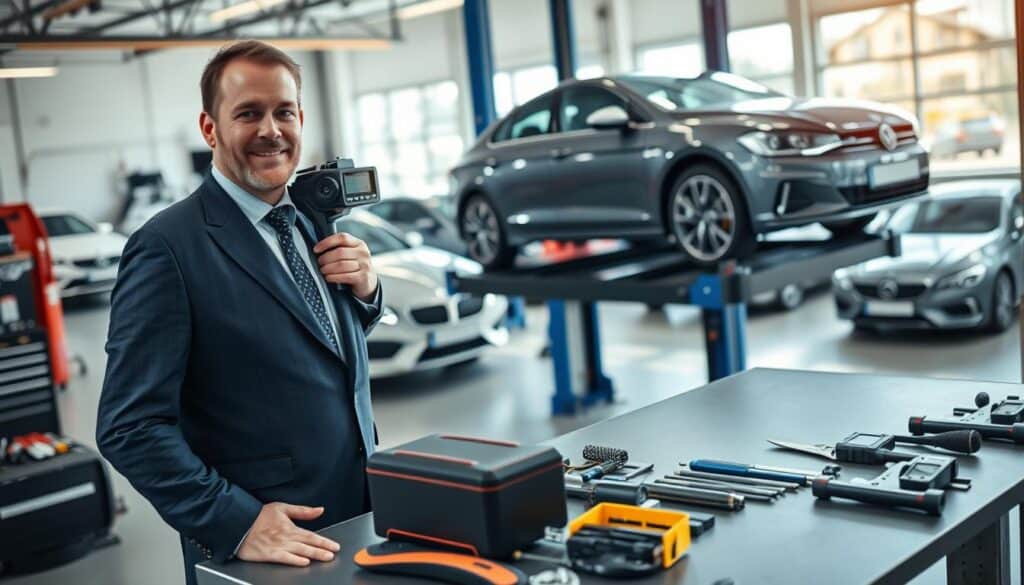 A professional car appraiser, labeled "rzeczoznawca MOTOEXPERT", stands confidently in an automotive workshop. In the foreground, he examines a shiny, modern vehicle on a lift, equipped with precise measuring tools. He is dressed in smart business attire, exuding expertise and authority. In the middle ground, detailed automotive equipment and tools are organized neatly on a workbench, reflecting a high level of professionalism. The background showcases a well-lit garage with cars in varying conditions, emphasizing the appraisal process. Natural light pours in from large windows, creating a bright and inviting atmosphere. The scene conveys a sense of trust and reliability, highlighting the advantages of using MOTOEXPERT for vehicle valuation. A professional car appraiser, labeled "rzeczoznawca MOTOEXPERT", stands confidently in an automotive workshop. In the foreground, he examines a shiny, modern vehicle on a lift, equipped with precise measuring tools. He is dressed in smart business attire, exuding expertise and authority. In the middle ground, detailed automotive equipment and tools are organized neatly on a workbench, reflecting a high level of professionalism. The background showcases a well-lit garage with cars in varying conditions, emphasizing the appraisal process. Natural light pours in from large windows, creating a bright and inviting atmosphere. The scene conveys a sense of trust and reliability, highlighting the advantages of using MOTOEXPERT for vehicle valuation.