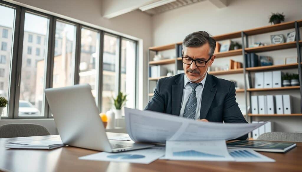 A professional insurance appraiser in a modern office environment, analyzing documents with a laptop open on the desk. The appraiser, a middle-aged man wearing a tailored suit, is focused and serious, surrounded by charts and graphs illustrating insurance valuations. Natural light filters through large windows, creating a bright and inviting atmosphere. In the background, shelves filled with insurance-related books and certifications add to the professional vibe. The scene conveys a sense of expertise and trustworthiness, emphasizing the importance of selecting the best appraiser. The angle is slightly elevated, capturing both the appraiser and his workspace, highlighting the meticulous nature of his work. A professional insurance appraiser in a modern office environment, analyzing documents with a laptop open on the desk. The appraiser, a middle-aged man wearing a tailored suit, is focused and serious, surrounded by charts and graphs illustrating insurance valuations. Natural light filters through large windows, creating a bright and inviting atmosphere. In the background, shelves filled with insurance-related books and certifications add to the professional vibe. The scene conveys a sense of expertise and trustworthiness, emphasizing the importance of selecting the best appraiser. The angle is slightly elevated, capturing both the appraiser and his workspace, highlighting the meticulous nature of his work.