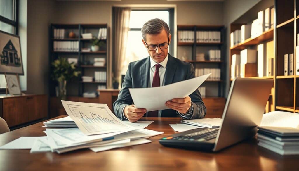 A professional insurance appraiser in a modern office setting, dressed in formal business attire, reviewing documents and analyzing data. In the foreground, a wooden desk cluttered with reports, a laptop displaying graphs, and a calculator. In the middle, the appraiser focuses intently on the paperwork, with a sophisticated look of concentration. The background features a large window with natural sunlight pouring in, casting soft shadows, and shelves lined with books about insurance and finance. The atmosphere is serious yet inviting, conveying professionalism and expertise. The scene should be captured with a warm color palette, utilizing soft focus to emphasize the appraiser while keeping the background softly blurred. A professional insurance appraiser in a modern office setting, dressed in formal business attire, reviewing documents and analyzing data. In the foreground, a wooden desk cluttered with reports, a laptop displaying graphs, and a calculator. In the middle, the appraiser focuses intently on the paperwork, with a sophisticated look of concentration. The background features a large window with natural sunlight pouring in, casting soft shadows, and shelves lined with books about insurance and finance. The atmosphere is serious yet inviting, conveying professionalism and expertise. The scene should be captured with a warm color palette, utilizing soft focus to emphasize the appraiser while keeping the background softly blurred.