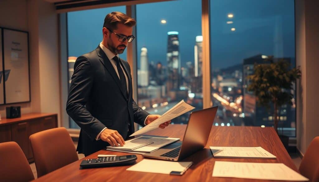 A professional insurance appraiser in a smart business suit stands confidently at a modern desk, analyzing financial documents and reports. The foreground features a tasteful, well-organized workspace with a laptop, a calculator, and a notepad filled with notes. In the middle ground, a large window reveals a bustling city landscape, adding depth and context to the setting. The lighting is warm and inviting, with soft natural light illuminating the scene. The camera angle is slightly above eye level, creating an engaging perspective. The atmosphere conveys focus and professionalism, reflecting the insights and scrutiny involved in evaluating insurance valuations. The image should be polished, with no text or logos.