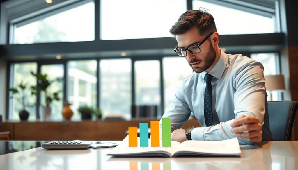 A professional insurance consultant analyzing a document marked "5,300 EUR" in a modern office setting. In the foreground, a focused individual, dressed in business attire, is seated at a sleek desk, meticulously reviewing paperwork with a calculator nearby. The middle of the scene features a colorful bar graph comparing insurance valuations, with highlighted figures emphasizing the 5,300 EUR amount. In the background, large windows let in natural light, illuminating the tasteful decor and creating a bright, sophisticated atmosphere. The camera angle is slightly elevated, providing an overview of the workspace while maintaining a sense of confidentiality and professionalism. The mood is serious and analytical, ideal for a financial discussion.