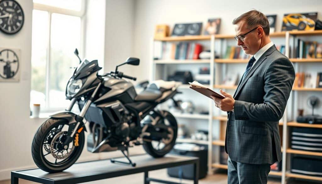 A professional motorcycle appraiser, known as MOTOEXPERT, is meticulously examining a motorcycle in a bright, well-lit office environment. In the foreground, the appraiser wears a tailored suit, focused and analytical, taking notes on a clipboard. The middle ground features the motorcycle on a display stand, showcasing its sleek design and details, with a backdrop displaying shelves filled with automotive books and tools. Soft, natural light filters through a window, highlighting the intricate details of the motorcycle and creating a warm atmosphere. The overall mood is one of professionalism and expertise, reflecting the important role of a motorcycle appraiser in evaluating vehicle value. A professional motorcycle appraiser, known as MOTOEXPERT, is meticulously examining a motorcycle in a bright, well-lit office environment. In the foreground, the appraiser wears a tailored suit, focused and analytical, taking notes on a clipboard. The middle ground features the motorcycle on a display stand, showcasing its sleek design and details, with a backdrop displaying shelves filled with automotive books and tools. Soft, natural light filters through a window, highlighting the intricate details of the motorcycle and creating a warm atmosphere. The overall mood is one of professionalism and expertise, reflecting the important role of a motorcycle appraiser in evaluating vehicle value.