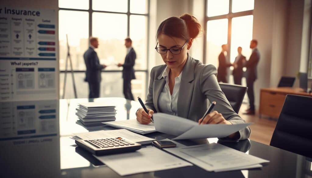 A professional office environment depicting the process of appealing an insurance valuation. In the foreground, a focused woman in business attire is reviewing documents on a sleek desk, jotting down notes with a pen, showing determination. In the middle ground, a large window allows natural light to flood the room, illuminating stacks of insurance papers and a calculator. To the left, a wall-mounted board showcases flowcharts and timelines, representing the appeal process. In the background, soft-focus silhouettes of colleagues in suits engage in discussions, emphasizing collaboration. The overall atmosphere is serious, yet hopeful, with warm lighting to convey a sense of professionalism and clarity, captured with a slightly elevated angle for a comprehensive view. A professional office environment depicting the process of appealing an insurance valuation. In the foreground, a focused woman in business attire is reviewing documents on a sleek desk, jotting down notes with a pen, showing determination. In the middle ground, a large window allows natural light to flood the room, illuminating stacks of insurance papers and a calculator. To the left, a wall-mounted board showcases flowcharts and timelines, representing the appeal process. In the background, soft-focus silhouettes of colleagues in suits engage in discussions, emphasizing collaboration. The overall atmosphere is serious, yet hopeful, with warm lighting to convey a sense of professionalism and clarity, captured with a slightly elevated angle for a comprehensive view.