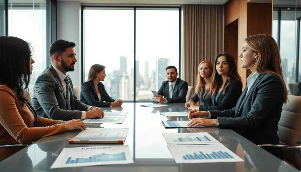 A professional office environment featuring a business meeting centered around the topic of compensation for communication damages. In the foreground, a diverse group of three professionals—one male and two females—are seated at a sleek conference table, engaged in discussion. They are dressed in smart business attire, surrounded by documents with charts and figures illustrating insurance evaluations. In the middle background, a large window lets in natural light, highlighting a cityscape. The atmosphere is serious yet collaborative, emphasizing the importance of accurate evaluations in the claims process. Soft, warm lighting enhances the professionalism of the scene, captured from a slightly elevated angle to give a comprehensive view of the meeting setup. A professional office environment featuring a business meeting centered around the topic of compensation for communication damages. In the foreground, a diverse group of three professionals—one male and two females—are seated at a sleek conference table, engaged in discussion. They are dressed in smart business attire, surrounded by documents with charts and figures illustrating insurance evaluations. In the middle background, a large window lets in natural light, highlighting a cityscape. The atmosphere is serious yet collaborative, emphasizing the importance of accurate evaluations in the claims process. Soft, warm lighting enhances the professionalism of the scene, captured from a slightly elevated angle to give a comprehensive view of the meeting setup.