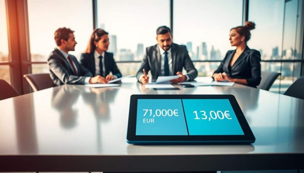 A professional office environment illustrating discussions about car insurance valuations. In the foreground, a diverse group of three business professionals—two men in suits and one woman in a smart dress—are engaged in a serious conversation while reviewing documents on a sleek conference table. The middle ground features a digital tablet displaying contrasting figures for vehicle valuations: 7,100 EUR and 13,500 EUR, symbolizing the differing assessments. The background shows a large window with natural daylight streaming in, creating a bright and open atmosphere, with a city skyline view. Soft, warm lighting enhances the mood of focus and professionalism, with a slight depth of field effect to draw attention to the foreground conversation. A professional office environment illustrating discussions about car insurance valuations. In the foreground, a diverse group of three business professionals—two men in suits and one woman in a smart dress—are engaged in a serious conversation while reviewing documents on a sleek conference table. The middle ground features a digital tablet displaying contrasting figures for vehicle valuations: 7,100 EUR and 13,500 EUR, symbolizing the differing assessments. The background shows a large window with natural daylight streaming in, creating a bright and open atmosphere, with a city skyline view. Soft, warm lighting enhances the mood of focus and professionalism, with a slight depth of field effect to draw attention to the foreground conversation.